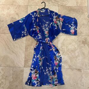 Vintage Blue Peacock Kimono Style Floral Robe Sz S-M